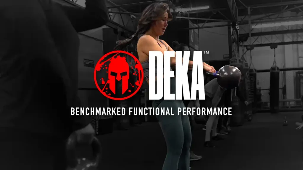 Woman in a Spartan DEKA class doing a kettlebell swing in Santa Clara, California. 